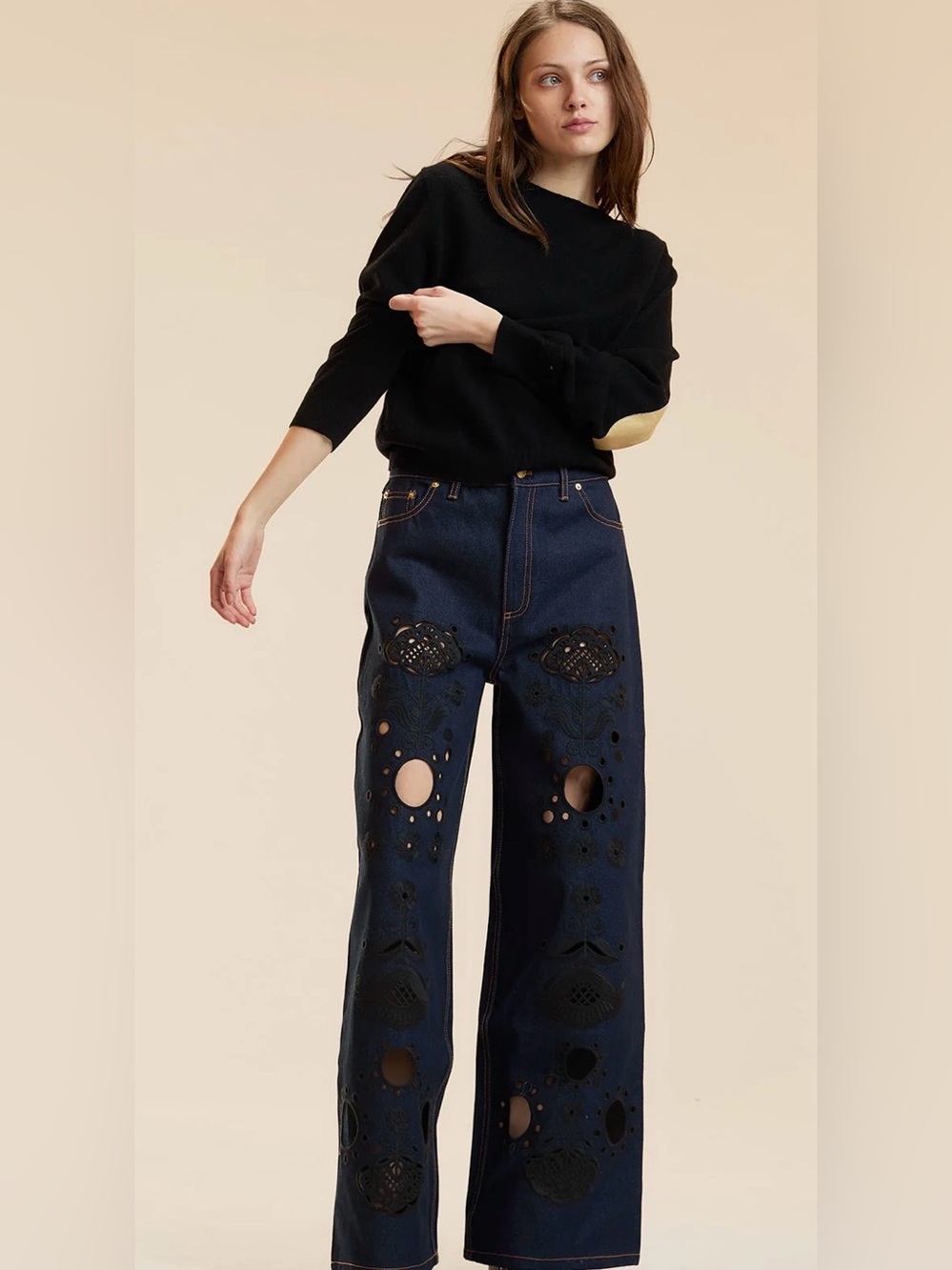 NWT Cynthia Rowley Embroidered Wide-Leg Jean in Dark Wash Size 28 - Picture 2 of 10
